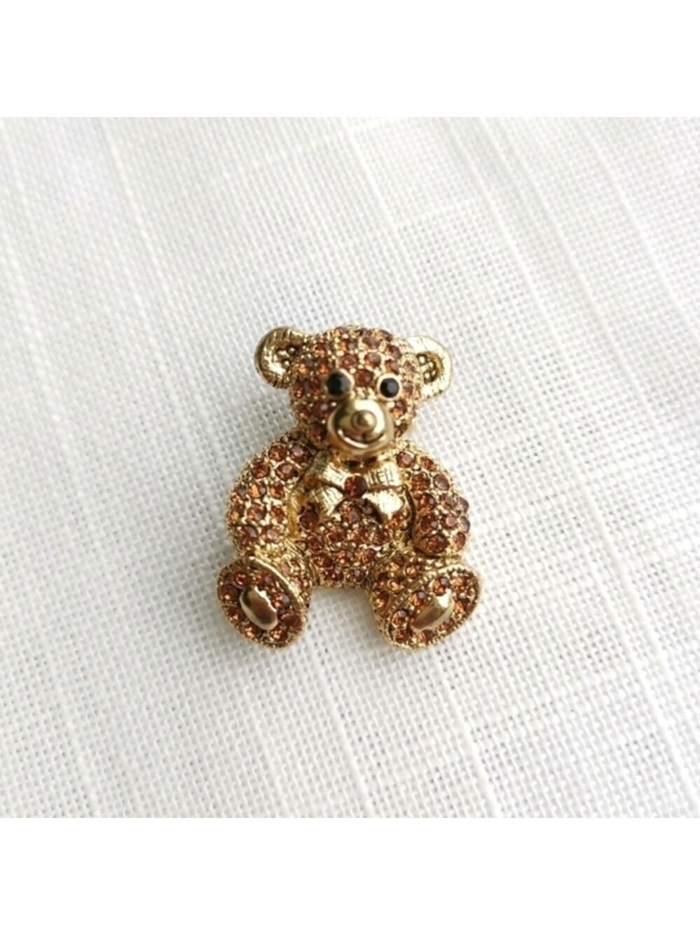 Vintage teddy bear brooch pin gold tone crystals